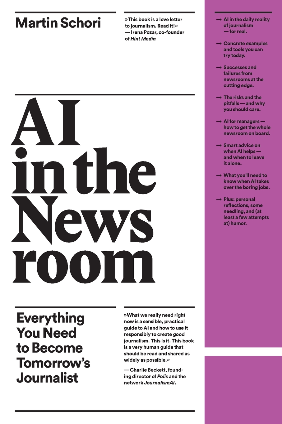 Cover of AI in the Newsroom by Martin Schori, a black serif title on a white and magenta jacket.