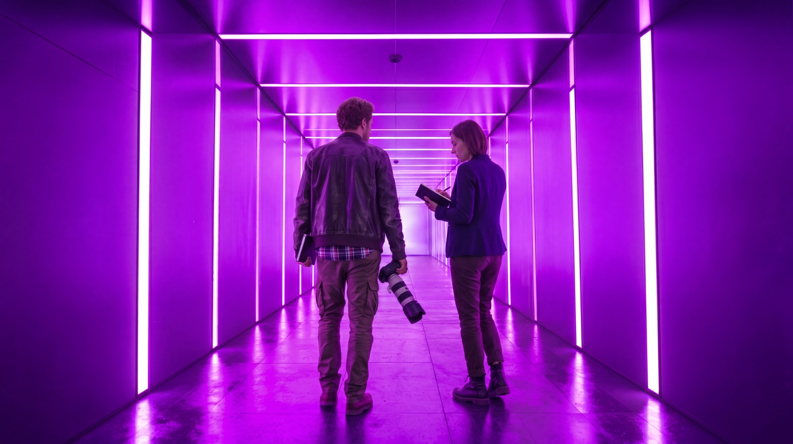 A reporter with a notebook walks away down a neon-lit street as the city reshapes around her.