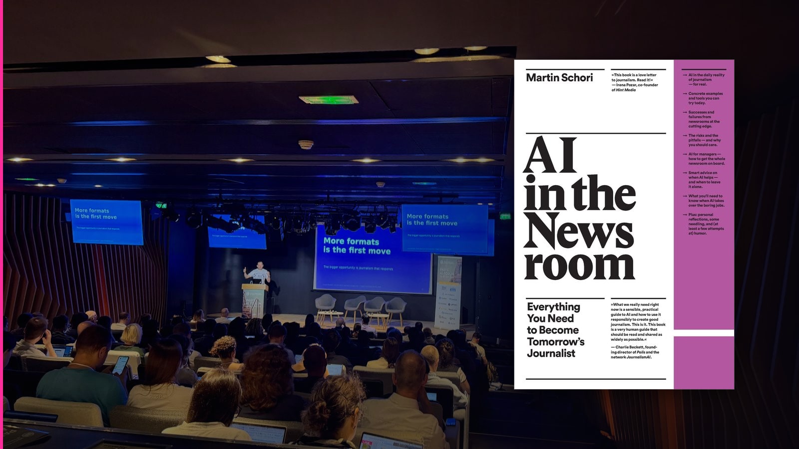 Martin Schori's book AI in the Newsroom beside a Paris AI Forum keynote whose slides read More formats is the first move.