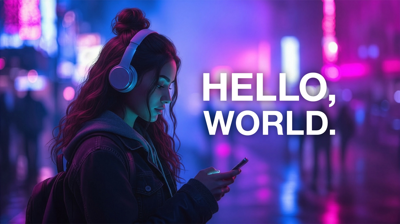 A listener in headphones reads her phone on a neon-lit street, beside the words Hello, world.