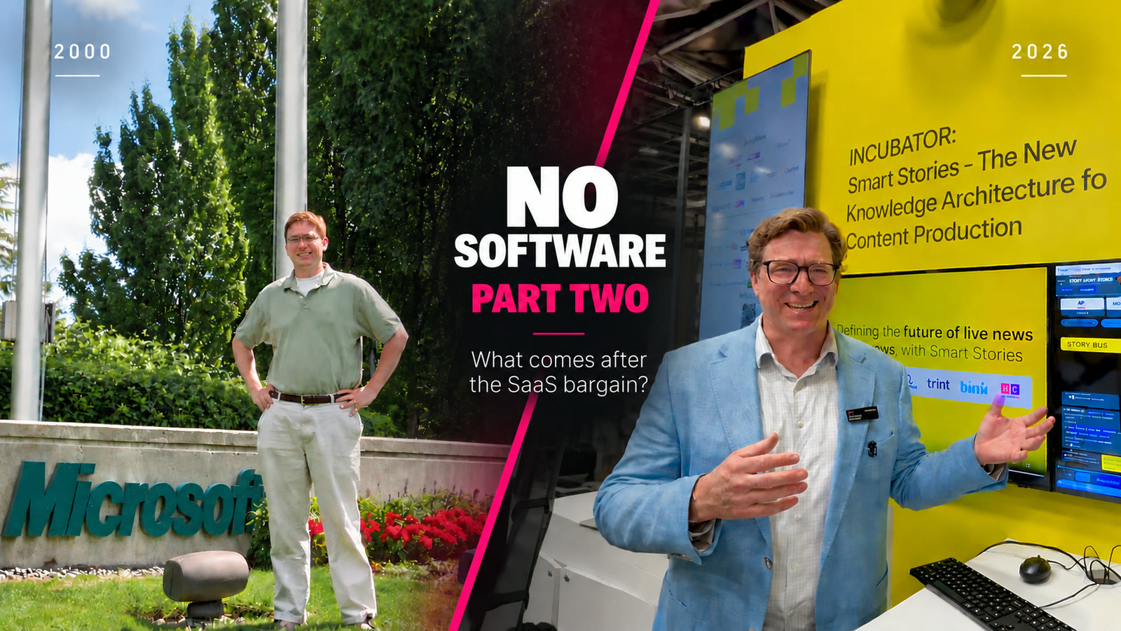 A then and now split: the author at the Microsoft campus in 2000 and at the IBC Smart Stories Incubator in 2026, under the title No Software, Part Two.