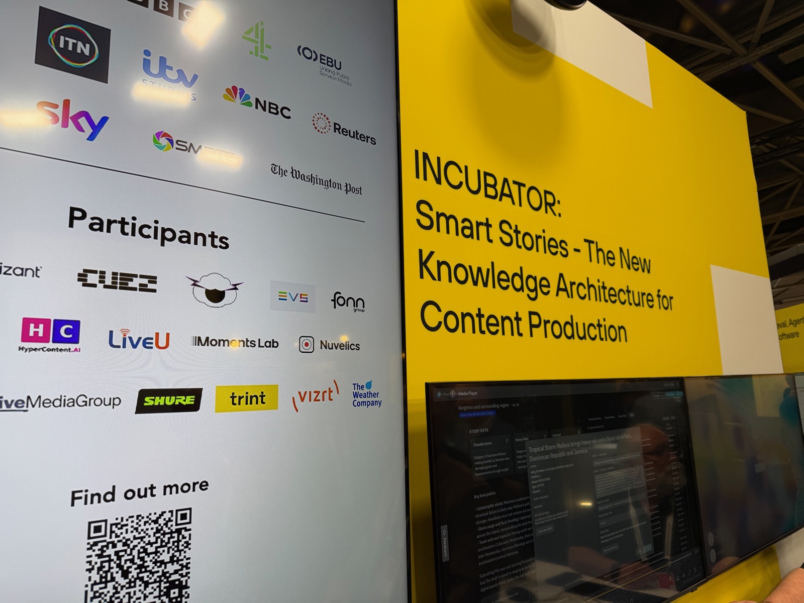 The IBC Accelerator Smart Stories Incubator board, listing participants including HyperContent, beside a screen running the live Smart Stories demo.