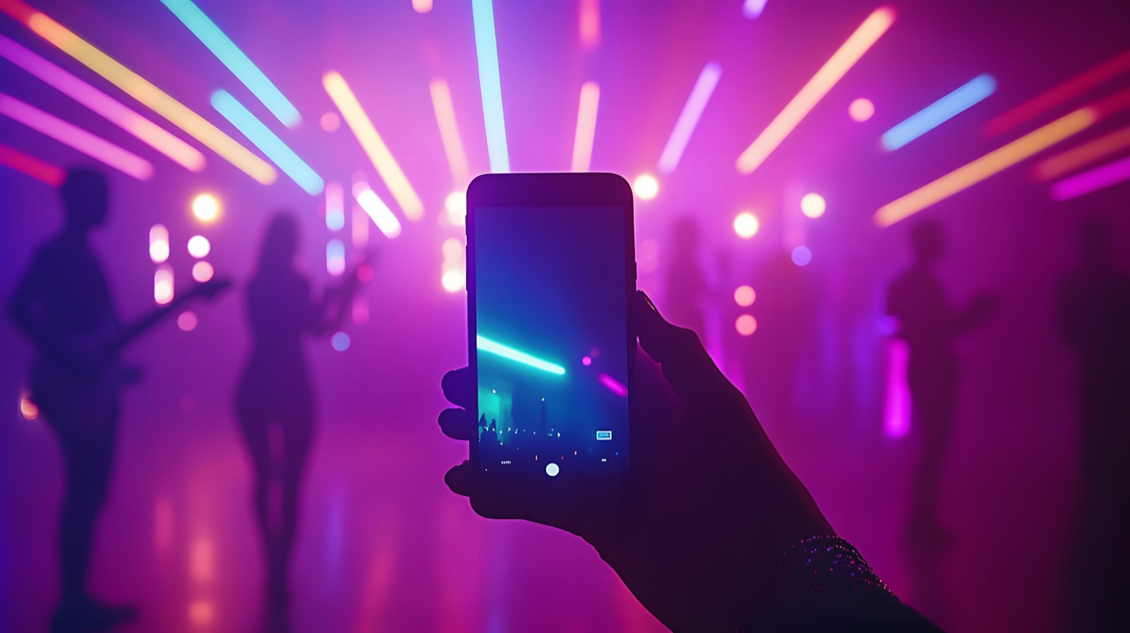 A hand holds up a phone to film a concert washed in neon light.