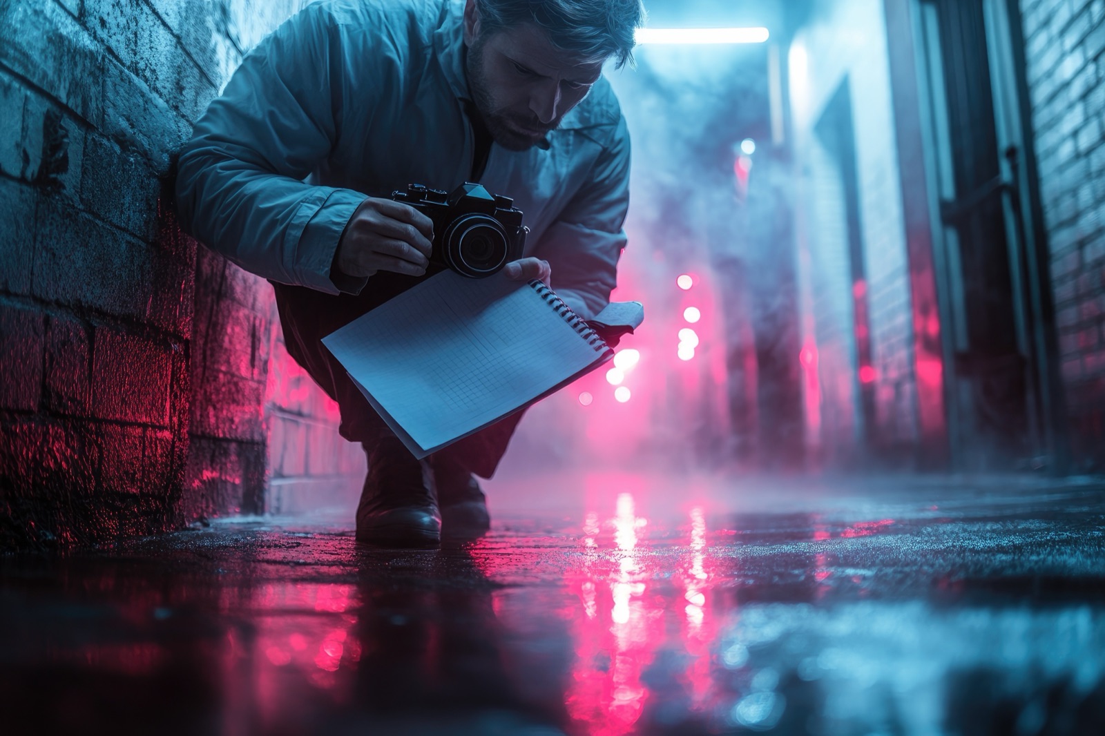 A journalist crouches in a neon-lit alley, holding a camera and an open notebook.